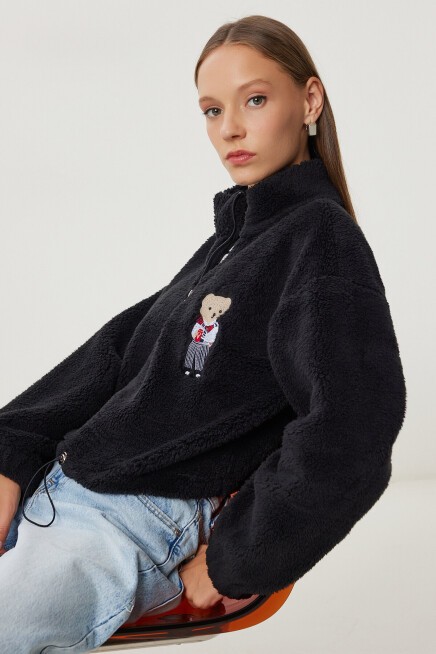 Ayıcık İşlemeli Fermuarlı Peluş Sweatshirt SİYAH LZH0014