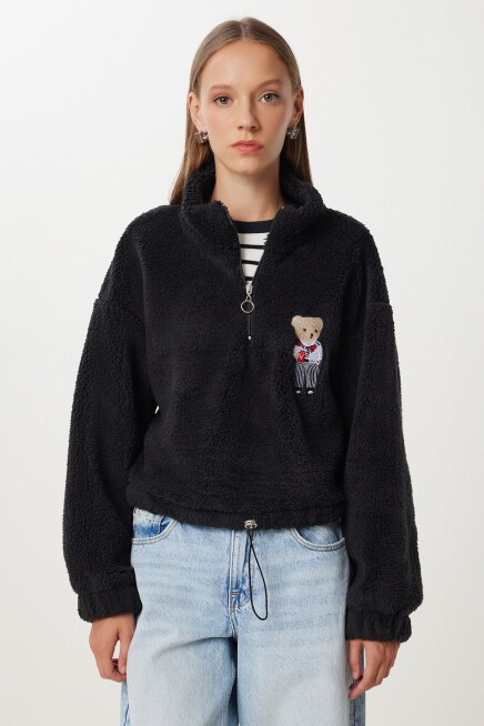 Ayıcık İşlemeli Fermuarlı Peluş Sweatshirt SİYAH LZH0014