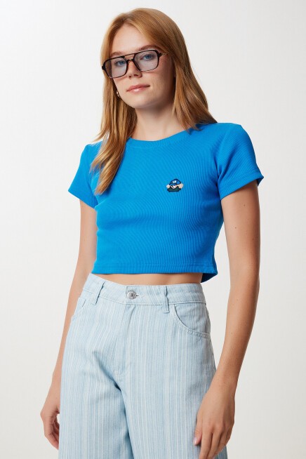 Ayıcık Nakışlı Fitilli Örme Crop T-shirt KOYU MAVİ LZH0015