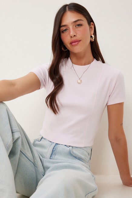 Basic Crop Esnek Örme T-shirt ŞEKER PEMBE LUS0160