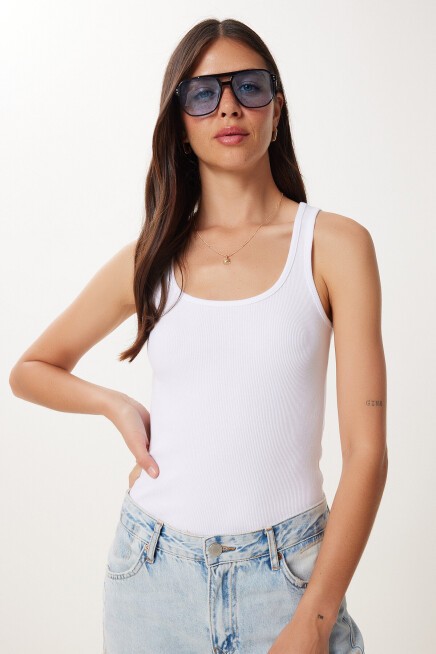 Basic Esnek Fitilli Örme Atlet BEYAZ LUS0163