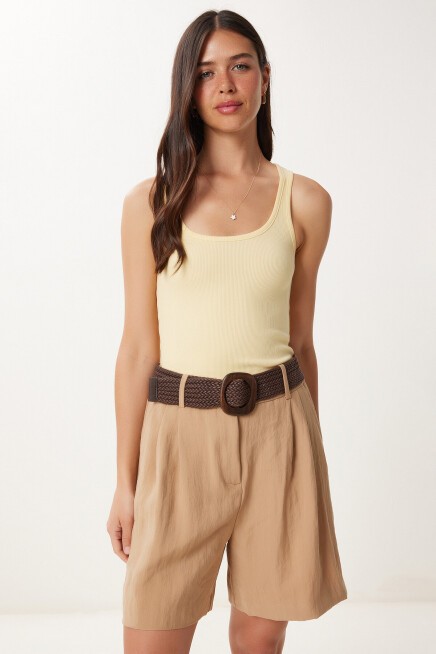 Basic Esnek Fitilli Örme Atlet SARI LUS0163