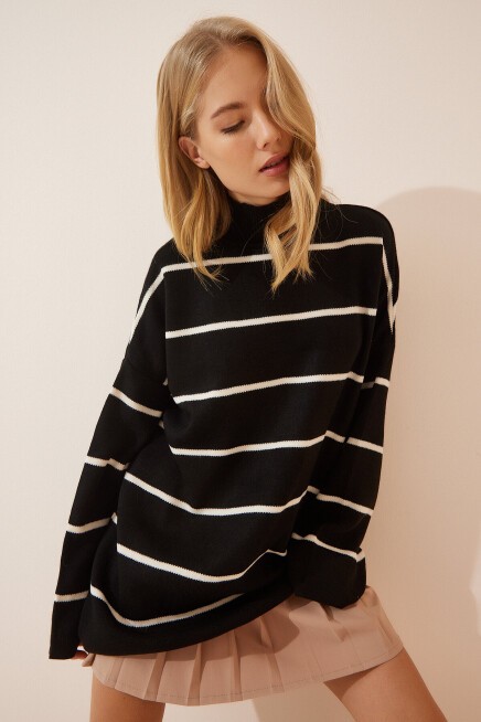 Çizgili Oversize Uzun Triko Kazak SİYAH LYY0088