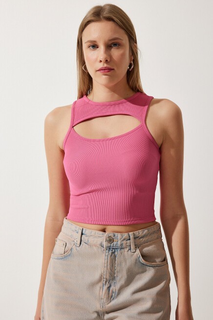 Cut Out Detaylı Fitilli Crop Örme Bluz PEMBE LKH0004