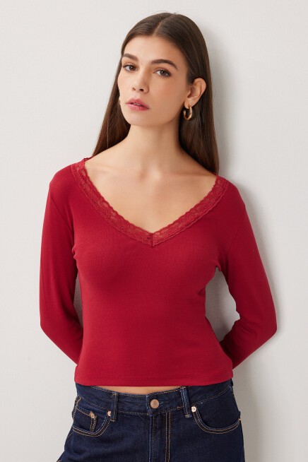 Dantel Detaylı Örme Bluz BORDO LUB0312