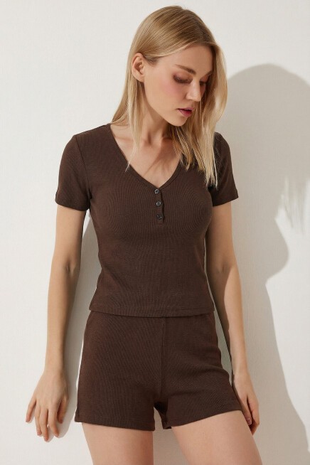 Düğme Detaylı Fitilli Örme Pijama Takımı KAHVERENGİ LRN0031