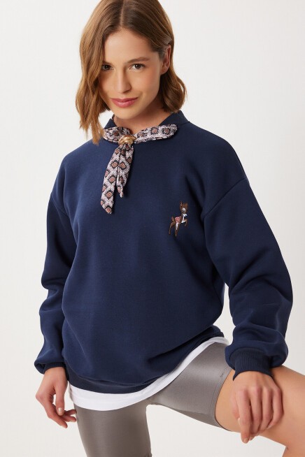 Fular Detaylı Şardonlu Örme Sweatshirt LACİVERT LPX0005