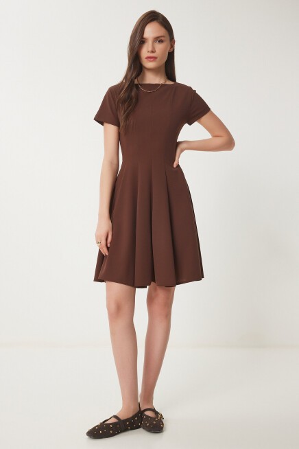 Godeli Mini Dokuma Elbise KAHVERENGİ LUB0084
