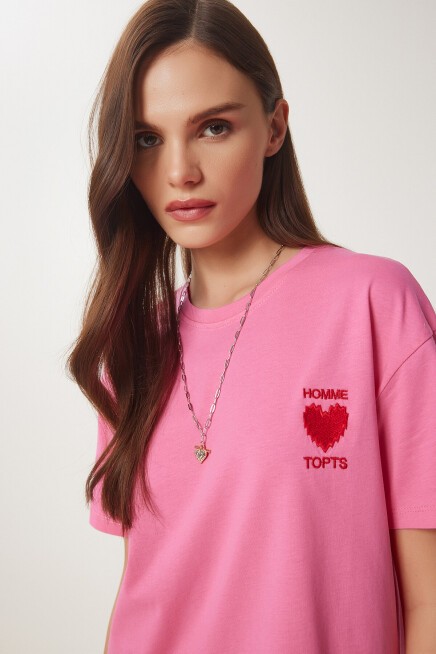 Kalp Nakışlı Pamuklu Örme T-shirt PEMBE LMP0007