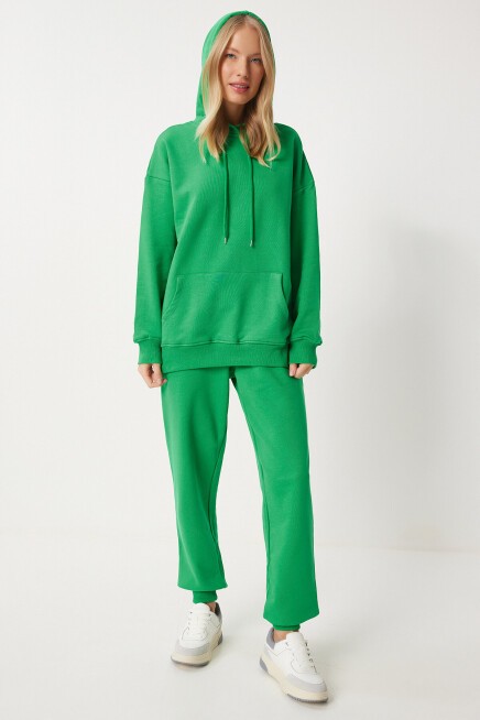 Kapüşonlu Sweatshirt Jogger Oversize Örme Eşofman Takımı YEŞİL LPYS003