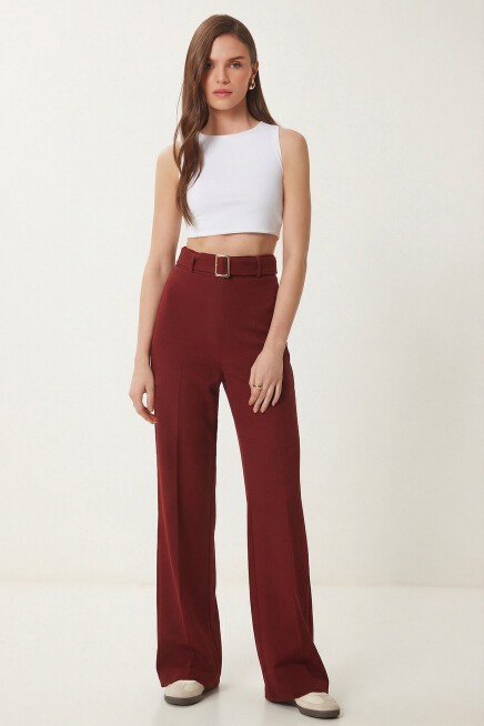 Kemerli Nervür Detaylı Örme Pantolon BORDO LUB0329