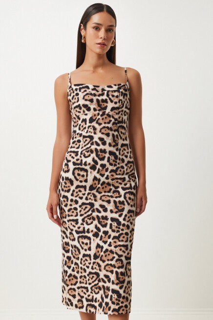 Leopar Desenli Askılı Midi Elbise SİYAH BEJ LKJ0006