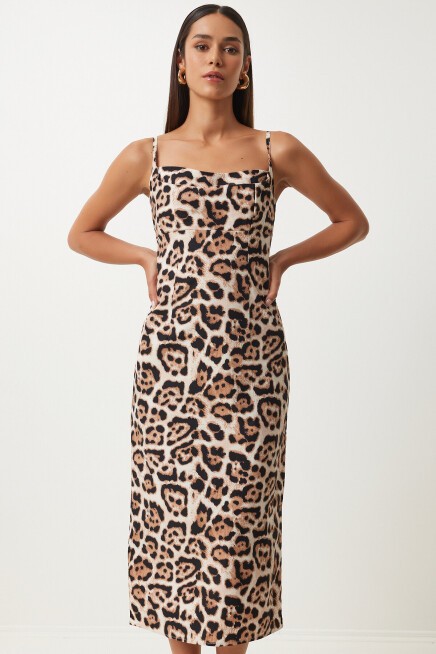 Leopar Desenli Askılı Midi Elbise SİYAH BEJ LKJ0006