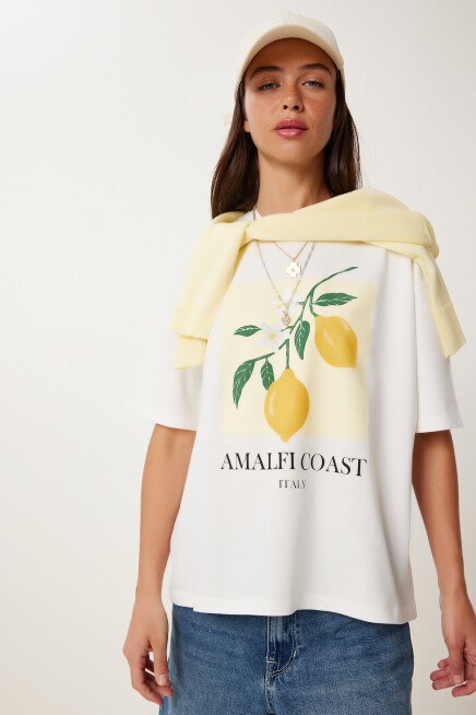 Limon Baskılı Pamuklu Örme T-shirt BEYAZ LUS0129