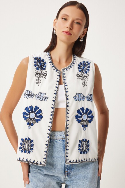 Nakış Detaylı Crop Keten Yelek EKRU MAVİ LQS0003