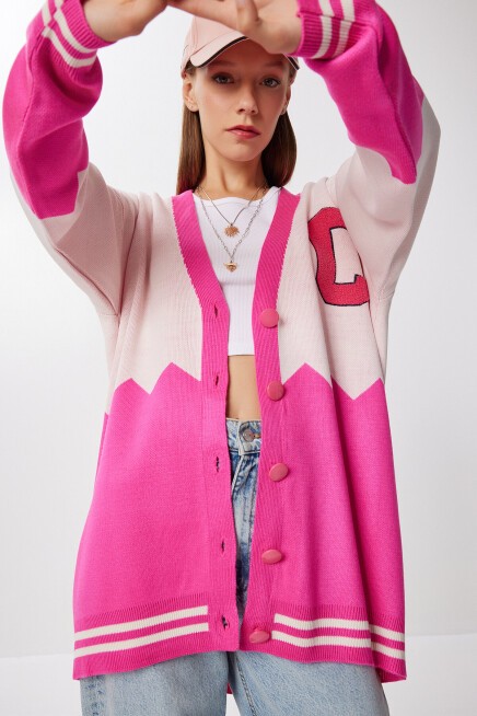 Oversize Kontrast Renkli Triko Hırka PEMBE EKRU LYY0132