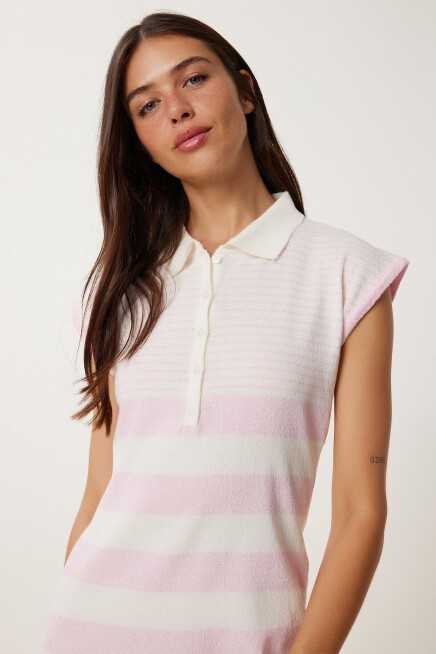 Polo Yaka Çizgili Yazlık Triko Elbise PEMBE KEMİK LKİ0033