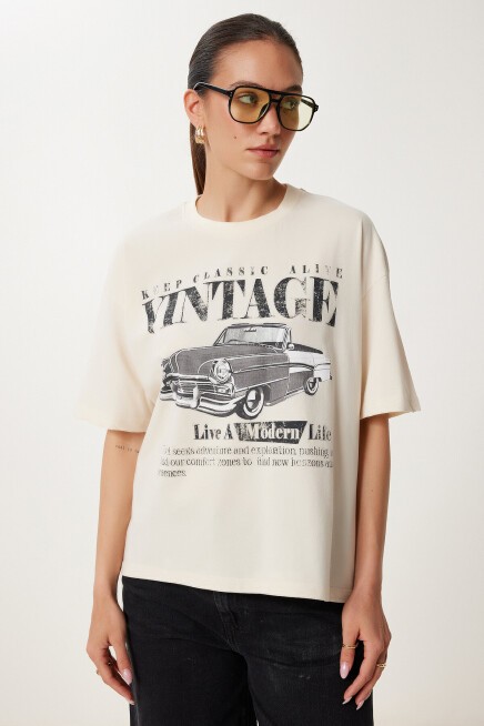 Vintage Baskılı Pamuklu Örme T-shirt KREM LUS0141