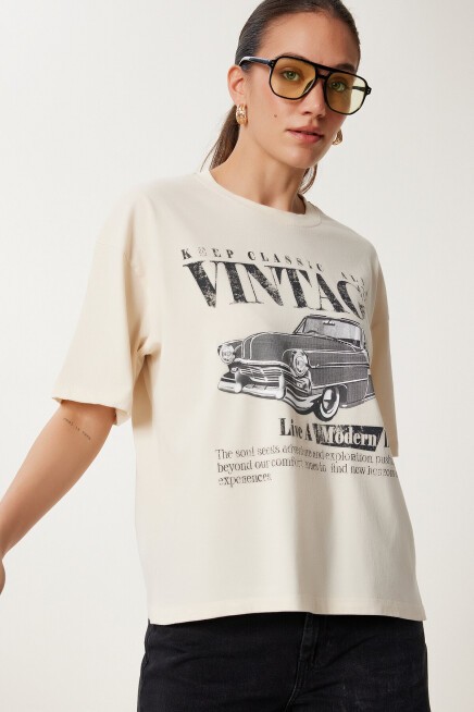 Vintage Baskılı Pamuklu Örme T-shirt KREM LUS0141