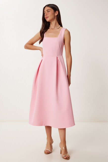 A Kesim Midi Dokuma Elbise PEMBE LWF0026