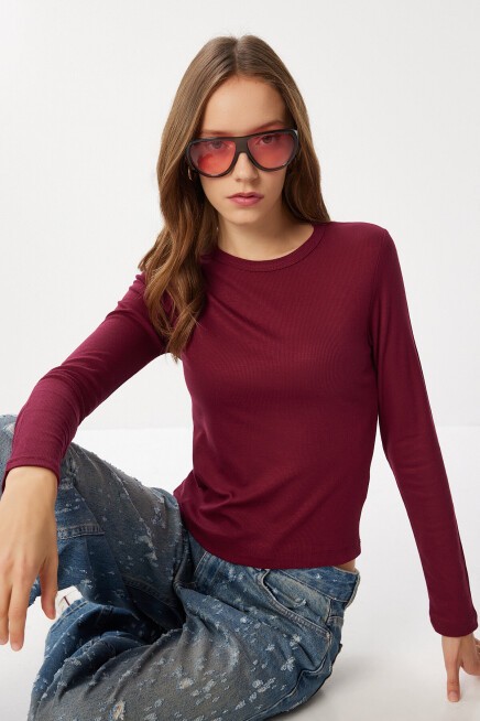 Basic Fitilli Örme Bluz BORDO LUB0296