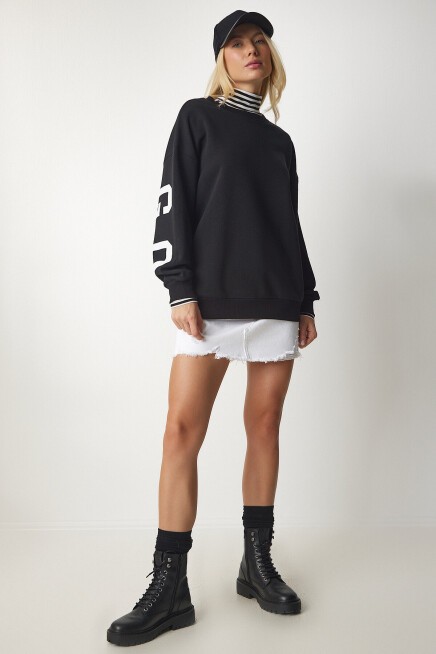 Baskılı Oversize Sweatshirt SİYAH LHF0019