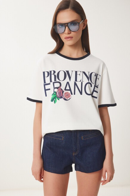 Baskılı Pamuklu Örme T-shirt EKRU LACİVERT LNS0042