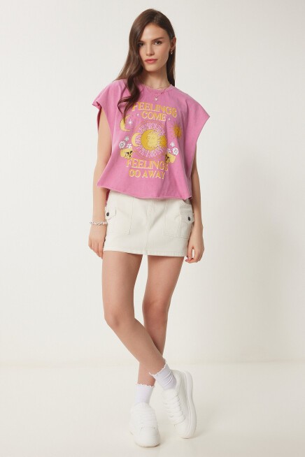 Baskılı Yıkamalı Pamuklu Örme T-shirt PEMBE LUS0087