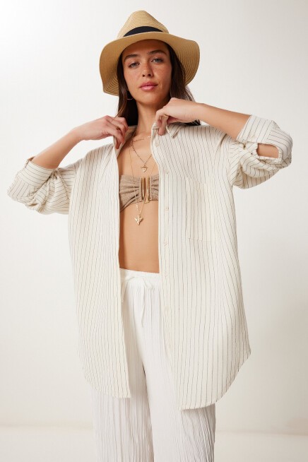 Çizgili Oversize Keten Gömlek KREM LMX0081