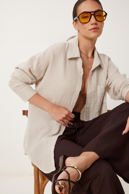 Çizgili Oversize Müslin Gömlek KREM BİSKÜVİ LSA0012