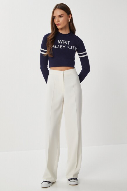 Dikişli Straight Poliviskon Pantolon KEMİK LGP0023