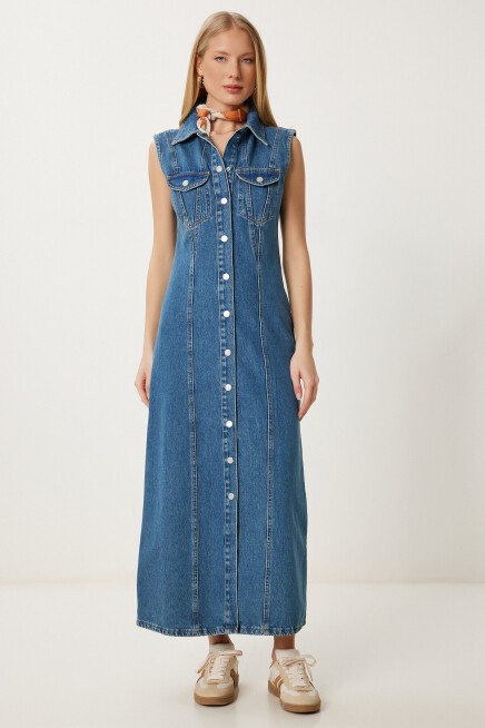 Düğmeli Midi Denim Elbise KOYU MAVİ LFG0004