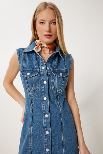 Düğmeli Midi Denim Elbise KOYU MAVİ LFG0004