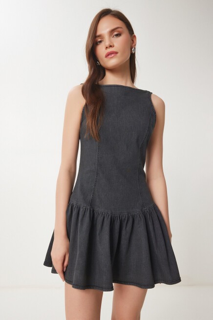 Fırfırlı Mini Denim Elbise ANTRASİT LHC0011