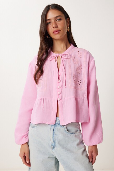 Fistolu Bağlama Detaylı Müslin Bluz PEMBE LFH0002