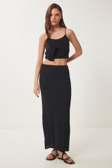 Fiyonklu Yazlık Triko Crop Etek Takım SİYAH LNS0036