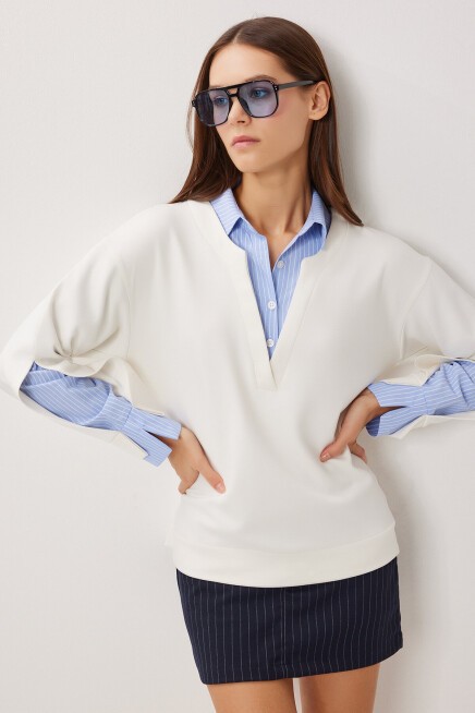 Gömlek Yaka Modal Sweatshirt KEMİK LXA0018