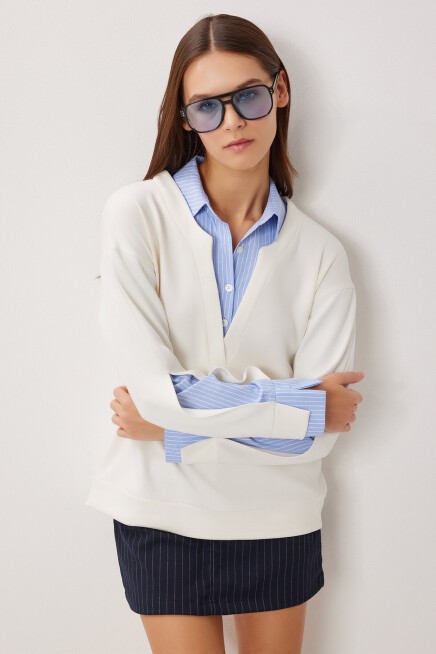 Gömlek Yaka Modal Sweatshirt KEMİK LXA0018