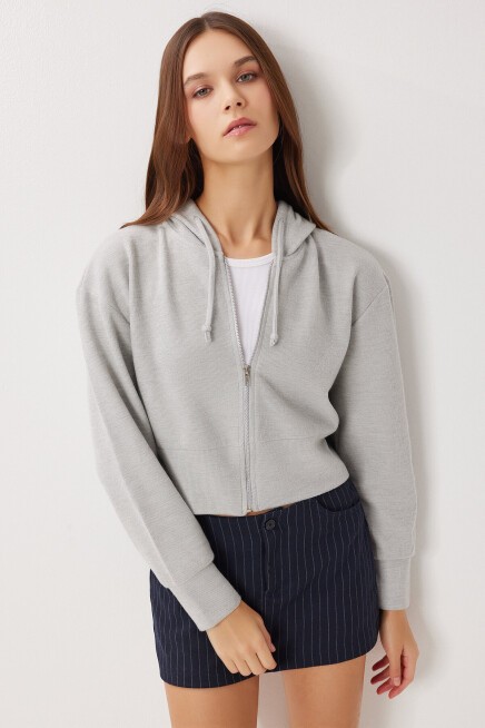 Kapüşonlu Fermuarlı Selanik Sweatshirt TAŞ GRİSİ LXA0025
