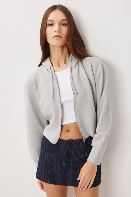 Kapüşonlu Fermuarlı Selanik Sweatshirt TAŞ GRİSİ LXA0025