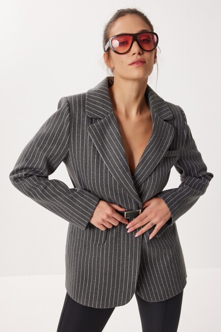 Kemerli Çizgili Kaşe Blazer Ceket ANTRASİT LFN0144