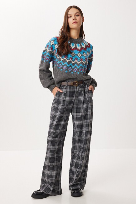 Kemerli Kareli Poliviskon Pantolon LACİVERT LRG0049