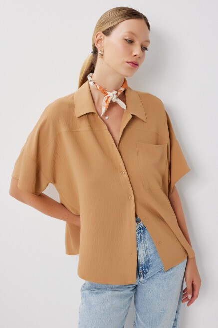 Kısa Kollu Cepli Ayrobin Gömlek CAMEL LMX0117