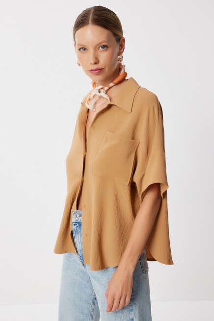 Kısa Kollu Cepli Ayrobin Gömlek CAMEL LMX0117