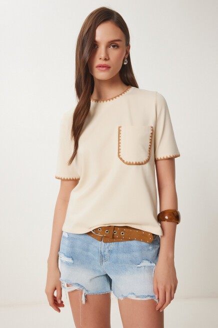 Kontrast Şertili Örme T-shirt KREM LTP0013