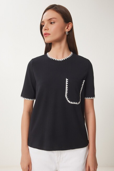 Kontrast Şertili Örme T-shirt SİYAH LTP0013
