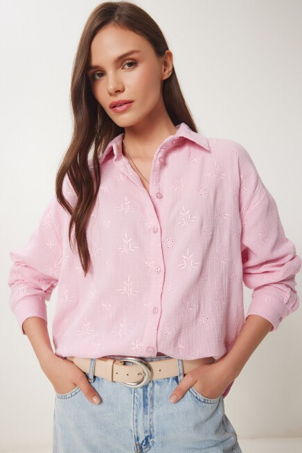 Nakış İşlemeli Müslin Gömlek PEMBE LHF0022