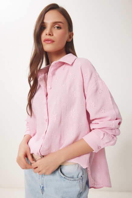 Nakış İşlemeli Müslin Gömlek PEMBE LHF0022