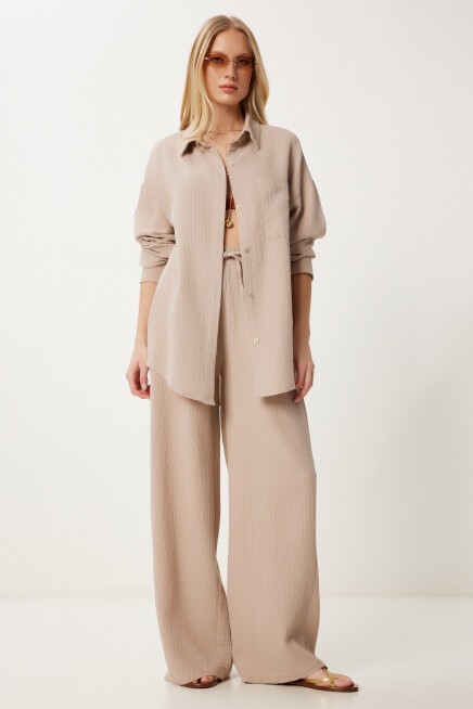 Oversize Müslin Gömlek Pantolon Takım BEJ LSA0014