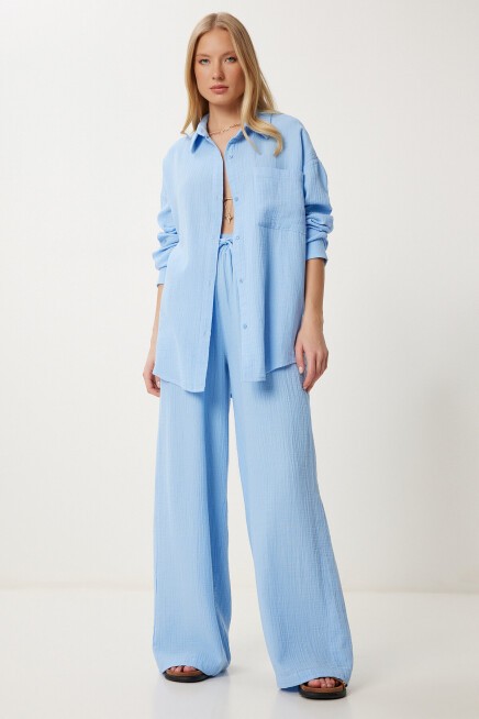 Oversize Müslin Gömlek Pantolon Takım GÖK MAVİ LSA0014